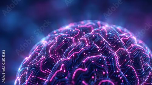 Artificial intelligence digital brain neural network machine learning circuit technology glowing futuristic abstract. Close up of glowing digital brain circuit, neon neural network design