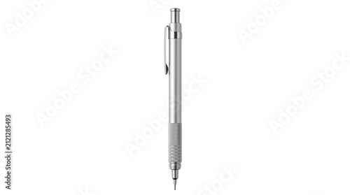 Professional silver mechanical pencil with knurled grip, sleek metal drafting pencil for technical drawing, minimalist chrome stationery on white background