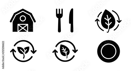 Farm to Table Icons: Barn, Utensils, Leaf Cycle, Plate