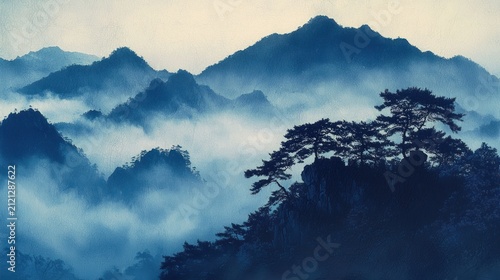 Misty Mountain Majesty: A Serene Landscape in Shades of Blue