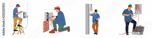 Set of professional electricians performing various electrical installation and repair tasks on electrical panels and wiring, isolated on a white background.