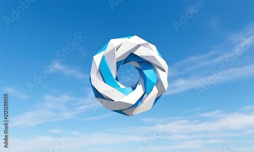 Abstract 3D blue and white architectural pattern background. Geometric spiral parametric structure under blue sky, perfect for modern corporate presentations and real estate banners