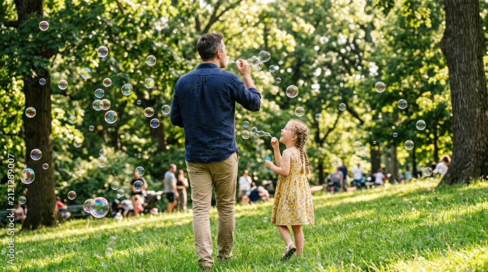 Fototapeta premium Father and Daughter Enjoying Bubbles in a Sunny Park.