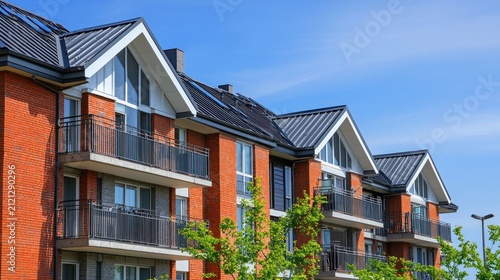 Modern Brick Apartment Buildings with Balconies under a Blue Sky