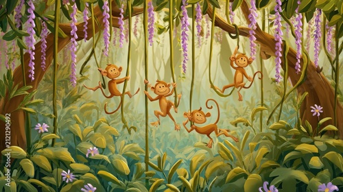 Playful cartoon monkeys swinging from vibrant tropical jungle hanging