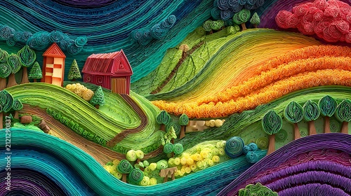 3d rendering of a small village with a large sun and fluffy clouds over green hills and houses