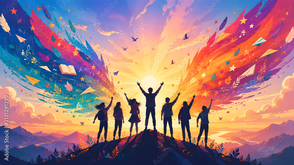 Fototapeta premium International Youth Day Celebration with Diverse Youth, Colorful Creative Wings, Education, Music, Paper Planes, and Sunrise of Hope Vector Illustration