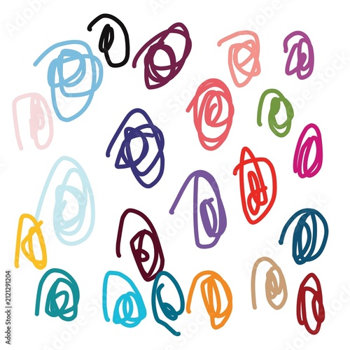 This image features various spiral scribbles or abstract doodles in a variety of bright colors against a white background.