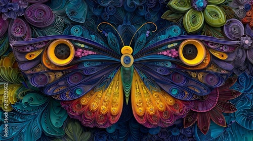 Abstract of two yellow eyes with orange and purple feathers and blue wings on a white background