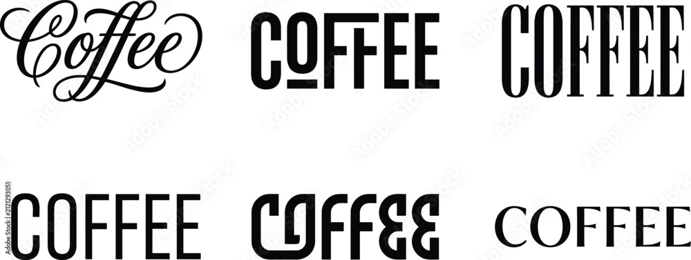 Obraz premium Six coffee typographic variations for branding logos and design elements.