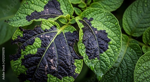 Close-up of potato leaves affected by blight disease with dark purple spots