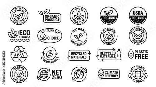 Sustainability badges and organic product labels are organized in a structured collection to communicate environmental responsibility and eco-friendly manufacturing standards for corporate branding.