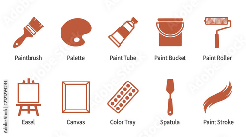 Collection of painting tools and art supplies icons.