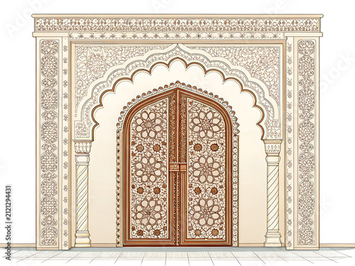 Grand arched Indian palace door with intricate jali-inspired carved patterns.