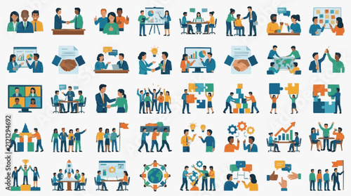Minimalist Colorful Illustrations of Diverse Business Teamwork Meetings and Collaborative Concepts