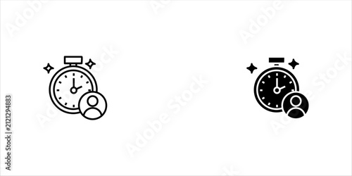 Outline icon set.  featuring a stopwatch and user profile representing employee attendance, work hours, and time tracking.