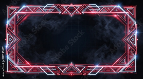 Futuristic Red and White Neon Laser Frame with Tech Geometric Borders and Fog Background for Indonesian Independence Day Celebrate Banner