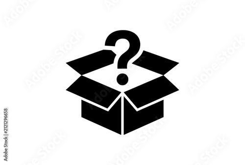 Mystery box icon with question mark, black cardboard parcel vector, surprise delivery package, unknown shipping order