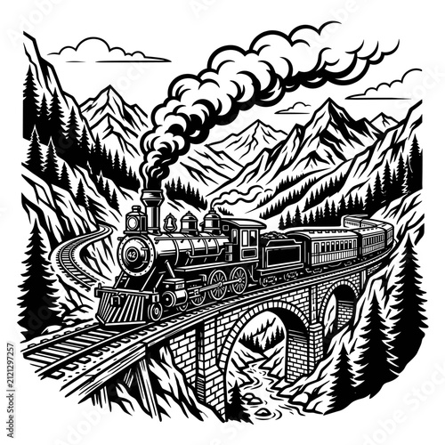 Vintage steam locomotive train crossing an arched stone bridge in a mountainous pine forest landscape vector illustration