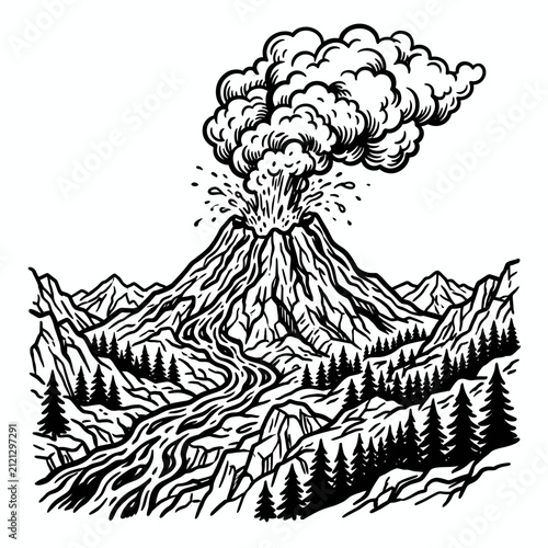 Powerful monochrome vector art of an active volcano erupting, showcasing nature's formidable force with smoke plumes and lava through rugged mountain terrain