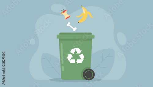 Green wheeled garbage bin with recycling symbol and food waste like banana peel and apple core above it.