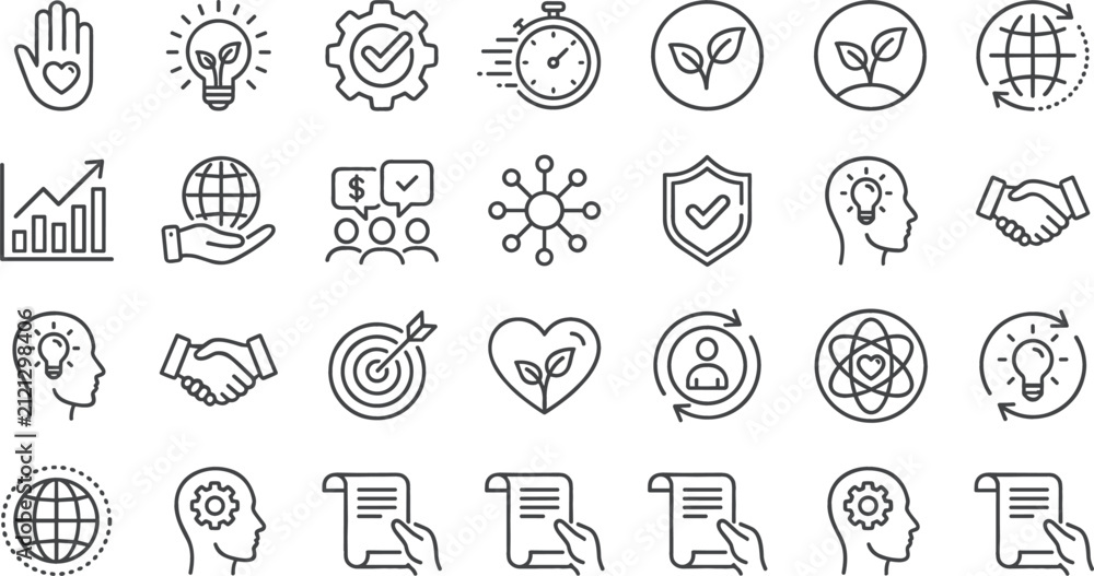 Fototapeta premium Corporate Social Responsibility and Sustainable Business Strategy Line Icon Set with Outline Symbols for Green Innovation, Global Ethics, and Environmental Management Compliance