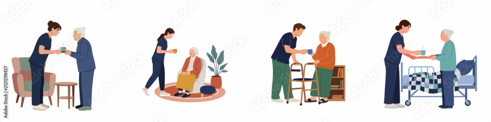 Obraz premium Nursing home care set showing caregivers assisting elderly patients with drinks, mobility support, and daily activities in a professional medical or home environment.