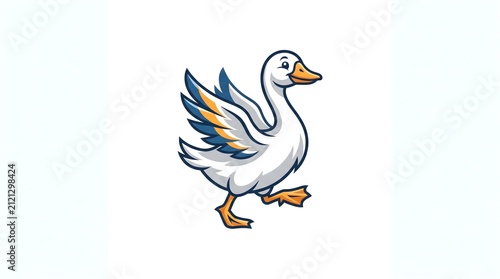 Vector illustration of a cheerful cartoon goose mascot walking with spread wings, featuring a dynamic blue and orange feather design on a clean white background