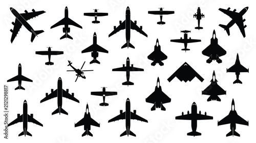 Various black airplane silhouettes collection featuring commercial jets military aircraft and small private propeller planes isolated