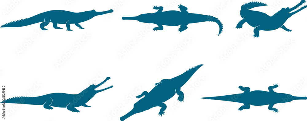 Obraz premium Gharial thin snout crocodile silhouette pack illustrating unique river reptiles in motion