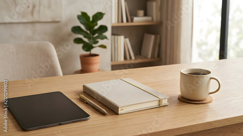 Minimalist wooden desk with tablet notebook and coffee cup