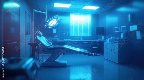 Eerie Blue-Lit Dentist's Office: A Sterile Scene