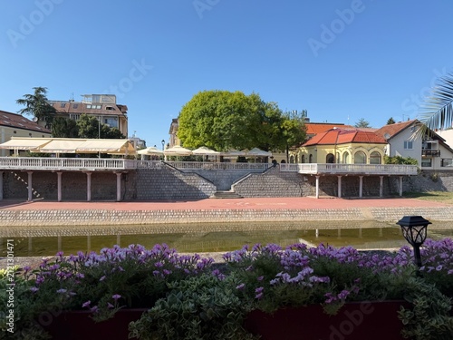 Картината върху платно Historic Stone Embankment with Purple Petunias