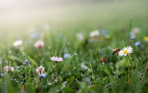 Fresh Morning Dew on Green Grass with Wildflowers and a Flying Honeybee in Soft Sunlight Macro
