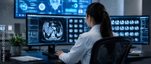 Female Radiologist Supervising Magnetic Resonance Imaging Examination in Modern Hospital, Rear View