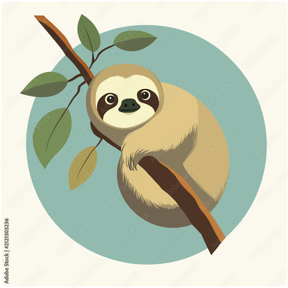 Fototapeta premium Cute sloth hanging on tree branch vector illustration
