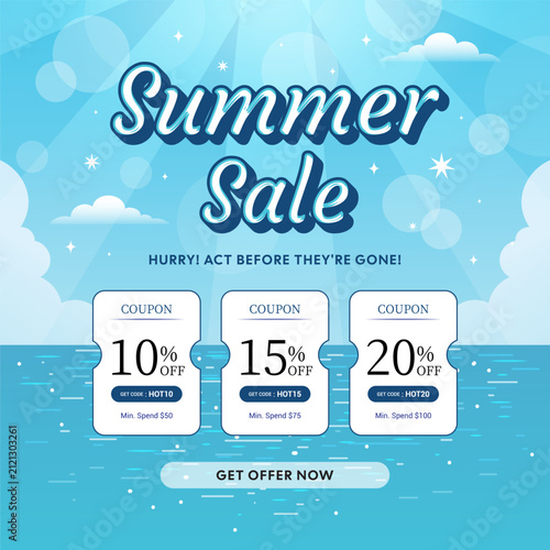 Summer sale coupon promotion template vector illustration. Shimmering sea and shining sky background