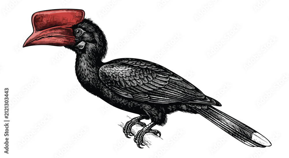 Obraz premium Detailed illustration of a black hornbill with vibrant red beak