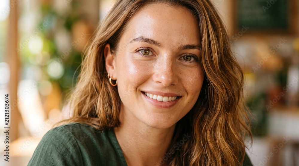 Obraz premium Close-up of a smiling young woman with wavy brown hair and hazel eyes, radiating a natural glow in a brightly lit indoor setting.