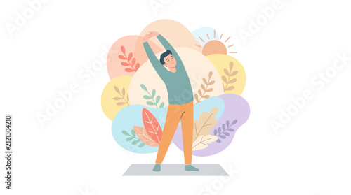 Man stretching his arms above his head while standing on a yoga mat illustrates a healthy morning exercise routine and active lifestyle in a colorful flat design.