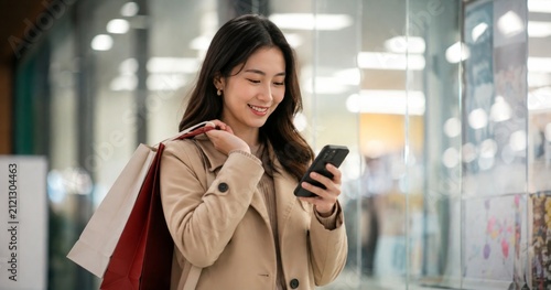 Smiling Female Customer Using Mobile Phone with Shopping Packages  Retail, Digital Commerce and Order Collection Experience