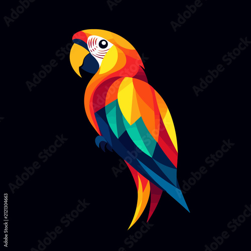 Colorful parrot bird geometric design isolated black