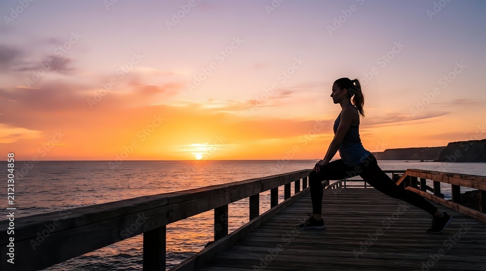 Fototapeta premium Athletic woman stretching on wooden pier at sunset over ocean. Female athlete performing yoga or fitness routine during golden hour by seaside for wellness and exercise content.