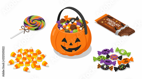 фотографія Assortment of Halloween Candies and Pumpkin Bucket.