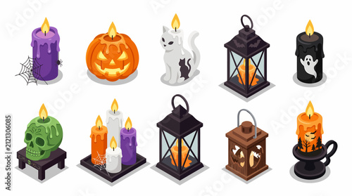 Halloween Decorations Collection Featuring Candles and Lanterns.
