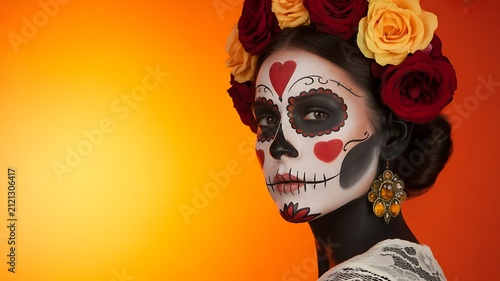 Woman with traditional day of the dead sugar skull makeup wearing floral crown against vibrant orange background
