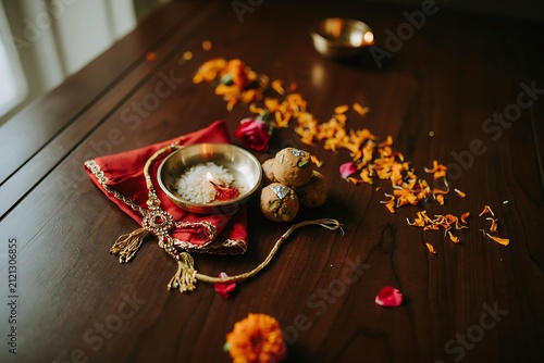 Top View of Raksha Bandhan Essentials with Decorative Rakhi, Ladoo Sweets, and Puja Thali