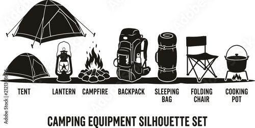 Camping equipment silhouette set, featuring tent, lantern, campfire, backpack, sleeping bag, folding chair, cooking pot icons, outdoor adventure vector isolated