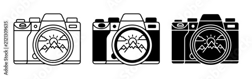 Fotografie Camera Icons Set: Silhouette and Outline Views of Landscape Photography, Digital