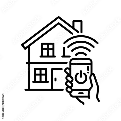 Smart home app icon. Mobile phone controlling house wifi vector illustration.